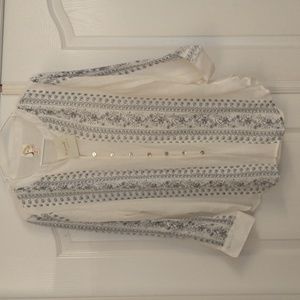 Fig and Flower Anthropologie Blouse Tunic Peasant White Blue Long Tab Sleeve Lg